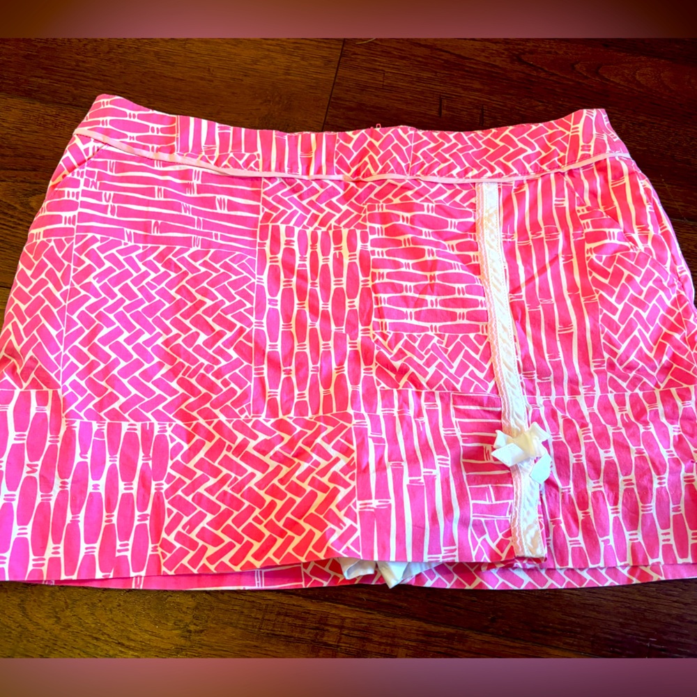 adorable Lilly Pulitzer Pink White Bamboo Print Skort Pockets Lined Sz 14